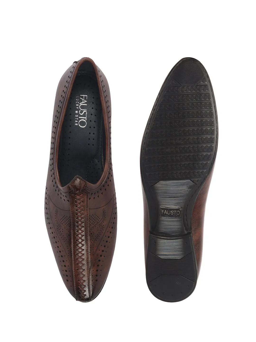 Men Brown Breathable Slip On Ethnic Juttis and Mojaris for Wedding|Party Slip On Evening Shoes|Traditional Striped Mojaris