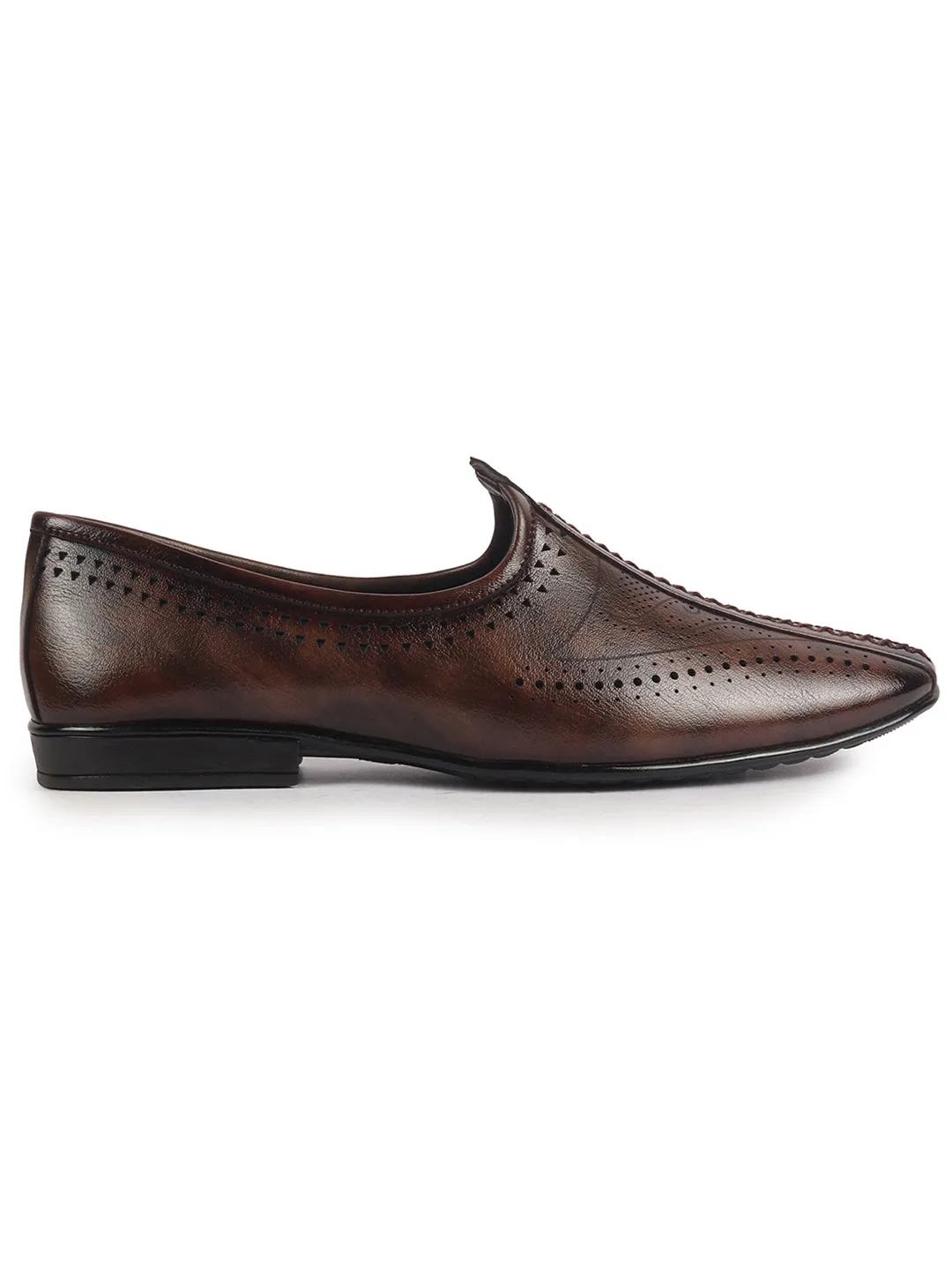Men Brown Breathable Slip On Ethnic Juttis and Mojaris for Wedding|Party Slip On Evening Shoes|Traditional Striped Mojaris