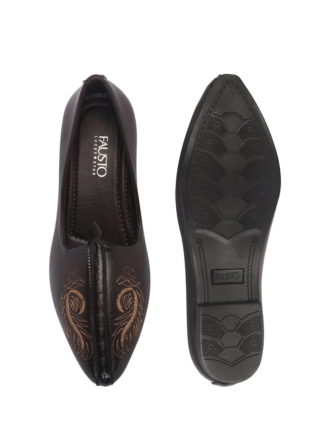 Men Brown Emboridery Ethnic Slip On Juttis and Mojaris for Wedding|Party Slip-On|Traditional Kurtas Shoes|Flexible TPR Sole