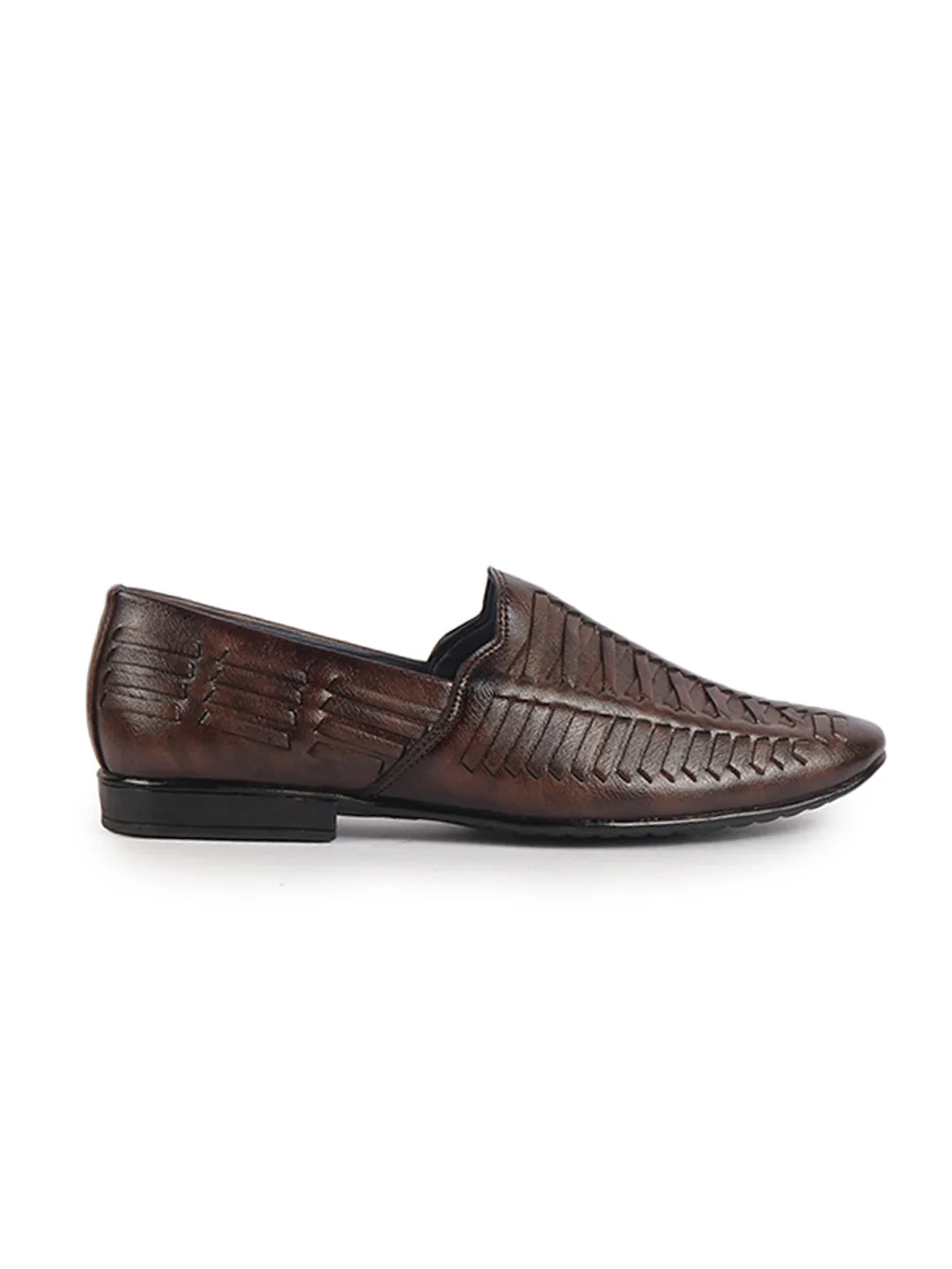 Men Brown Ethnic Slip On Knitted Stripe Juttis and Mojaris for Wedding|Party Slip-On|Traditional Kurtas Shoes|Festive Slip On Shoes