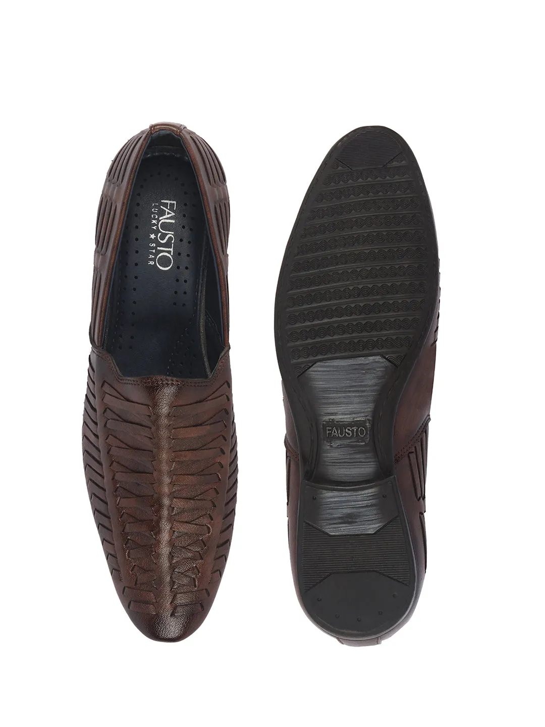 Men Brown Ethnic Slip On Knitted Stripe Juttis and Mojaris for Wedding|Party Slip-On|Traditional Kurtas Shoes|Festive Slip On Shoes