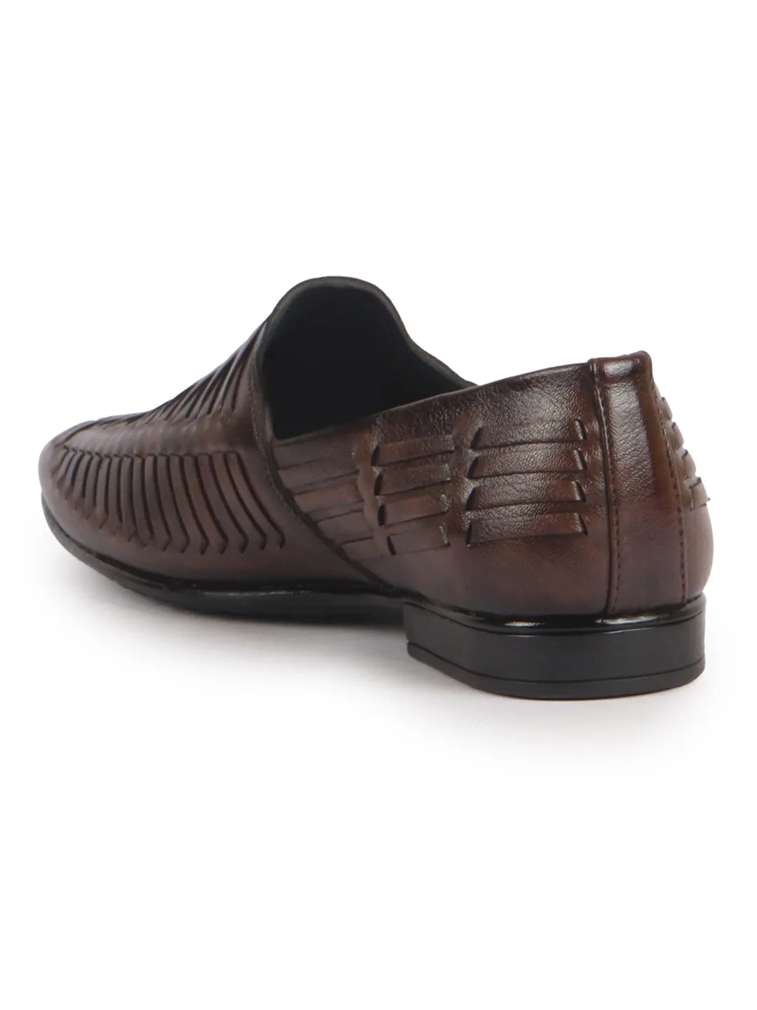 Men Brown Ethnic Slip On Knitted Stripe Juttis and Mojaris for Wedding|Party Slip-On|Traditional Kurtas Shoes|Festive Slip On Shoes