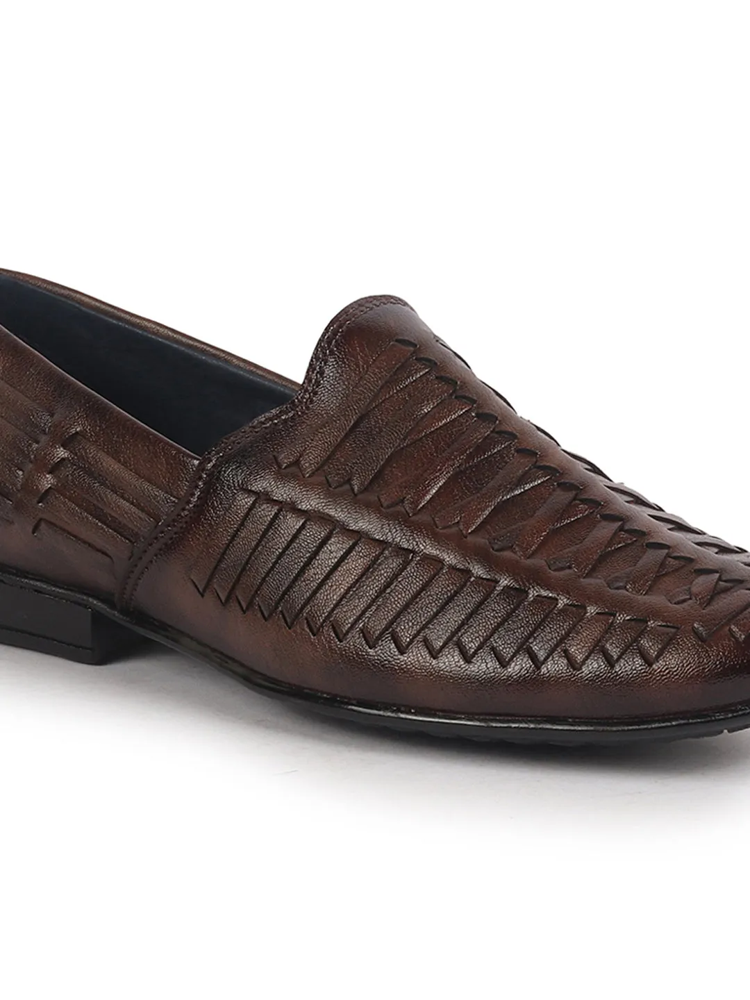 Men Brown Ethnic Slip On Knitted Stripe Juttis and Mojaris for Wedding|Party Slip-On|Traditional Kurtas Shoes|Festive Slip On Shoes