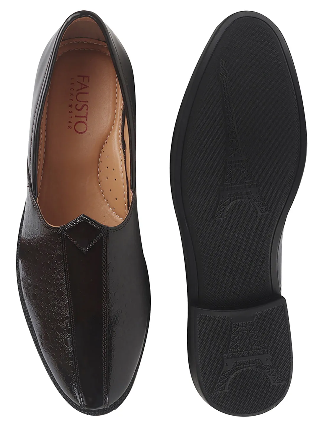 Men Brown Party Ethnic Patent Textured Print Slip On Juttis and Mojaris|Wedding Slip On Shoes|Evening Comfort Insole Mojaris
