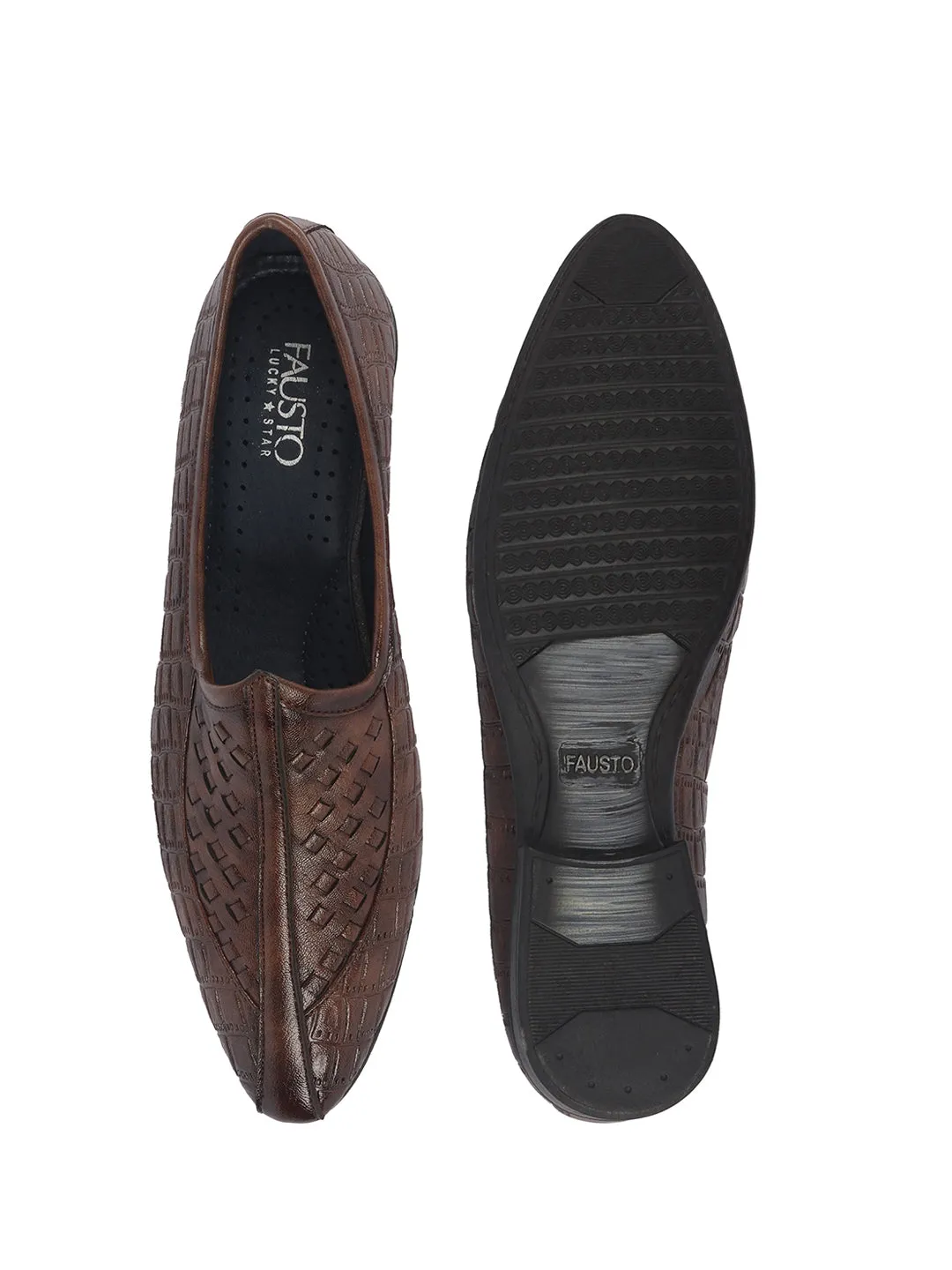 Men Brown Textured Ethnic Round Toe Juttis and Mojaris for Wedding|Festive Slip-On For Kurtas|Pathani Kurta Slip On Shoes