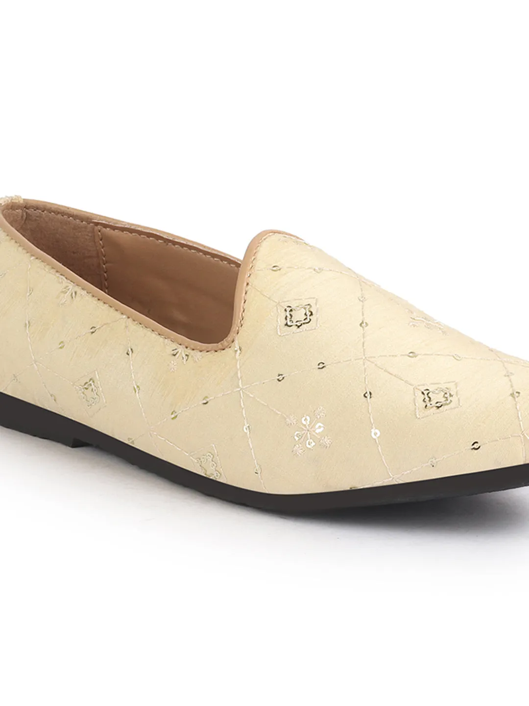 Men Cream Embroidery Sequin Ethnic Slip On Juttis and Mojaris for Wedding|Festive Party Slip-On Kurta Shoe|Traditional Sherwani Shoes
