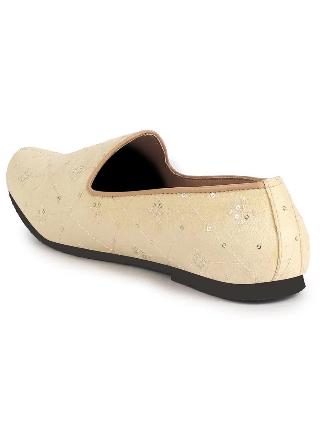 Men Cream Embroidery Sequin Ethnic Slip On Juttis and Mojaris for Wedding|Festive Party Slip-On Kurta Shoe|Traditional Sherwani Shoes