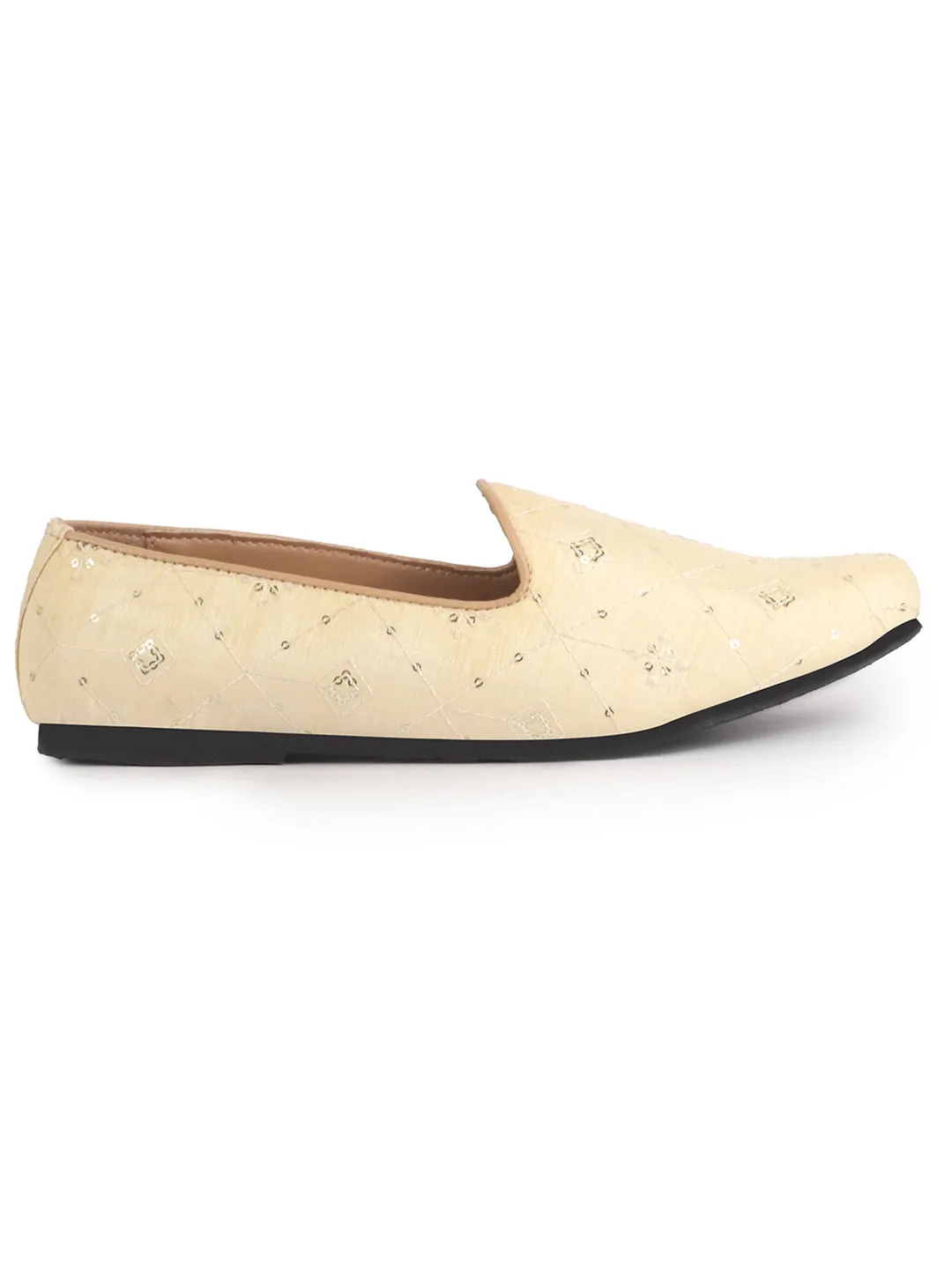 Men Cream Embroidery Sequin Ethnic Slip On Juttis and Mojaris for Wedding|Festive Party Slip-On Kurta Shoe|Traditional Sherwani Shoes