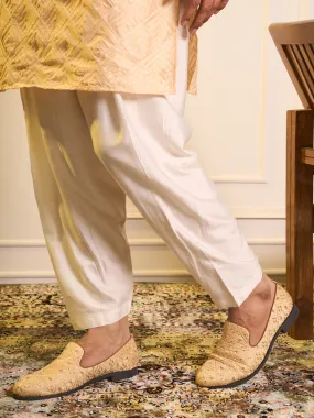 Men Cream Ethnic Velvet Sequin Embroidered Prom Slip On Juttis and Mojaris for Wedding|Party Slip-On|Traditional Kurtas Shoes|Festive Slip On Shoes