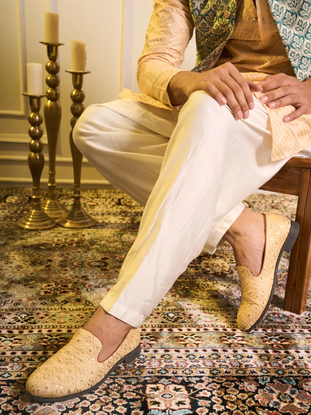 Men Cream Ethnic Velvet Sequin Embroidered Prom Slip On Juttis and Mojaris for Wedding|Party Slip-On|Traditional Kurtas Shoes|Festive Slip On Shoes