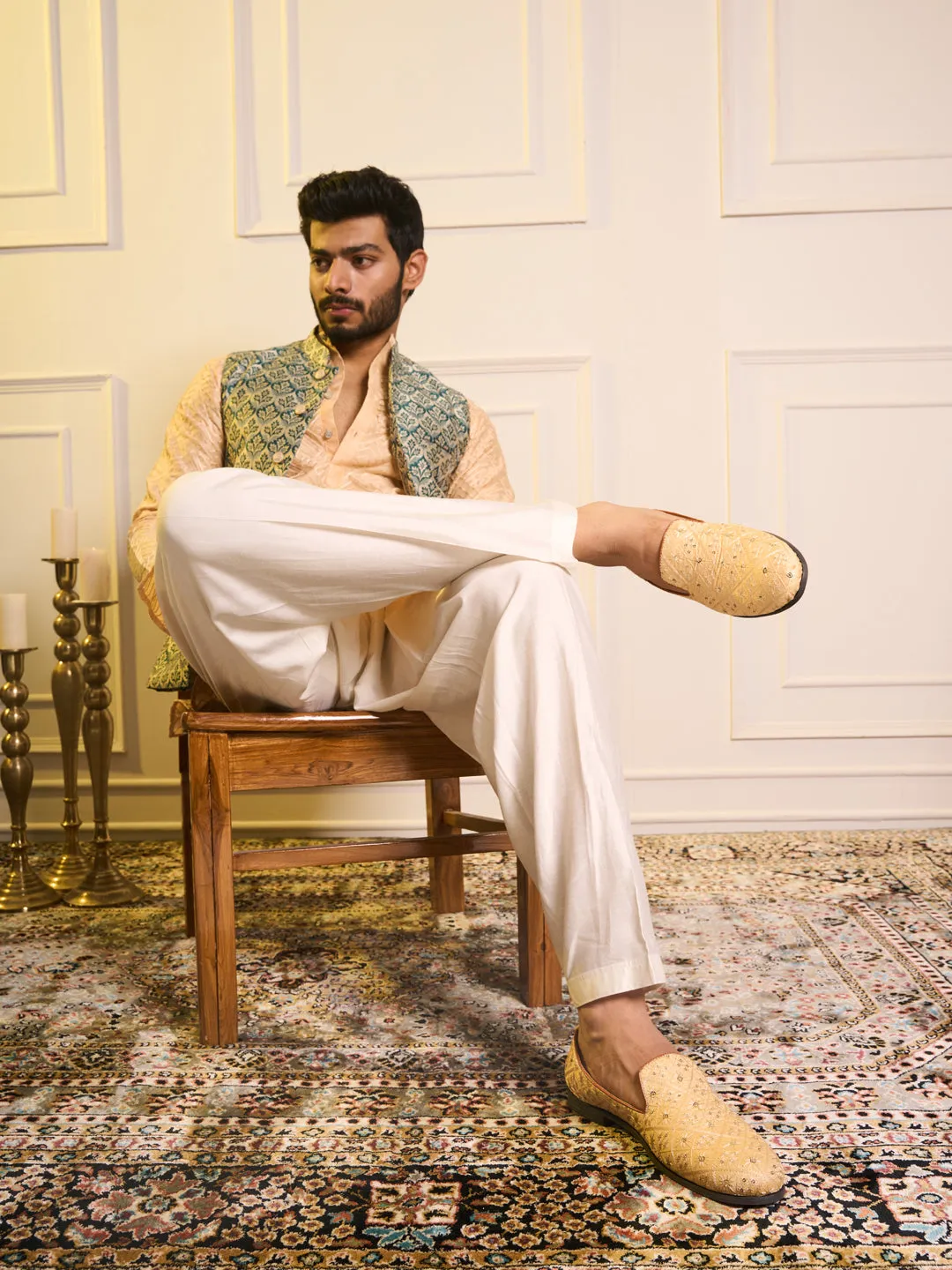 Men Cream Ethnic Velvet Sequin Embroidered Prom Slip On Juttis and Mojaris for Wedding|Party Slip-On|Traditional Kurtas Shoes|Festive Slip On Shoes
