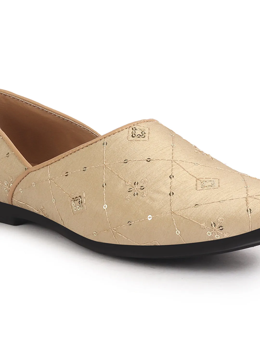 Men Golden Embroidery Sequin Ethnic Slip On Half Cut Juttis and Mojaris for Wedding|Festive Party Slip-On|Traditional Sherwani Shoes