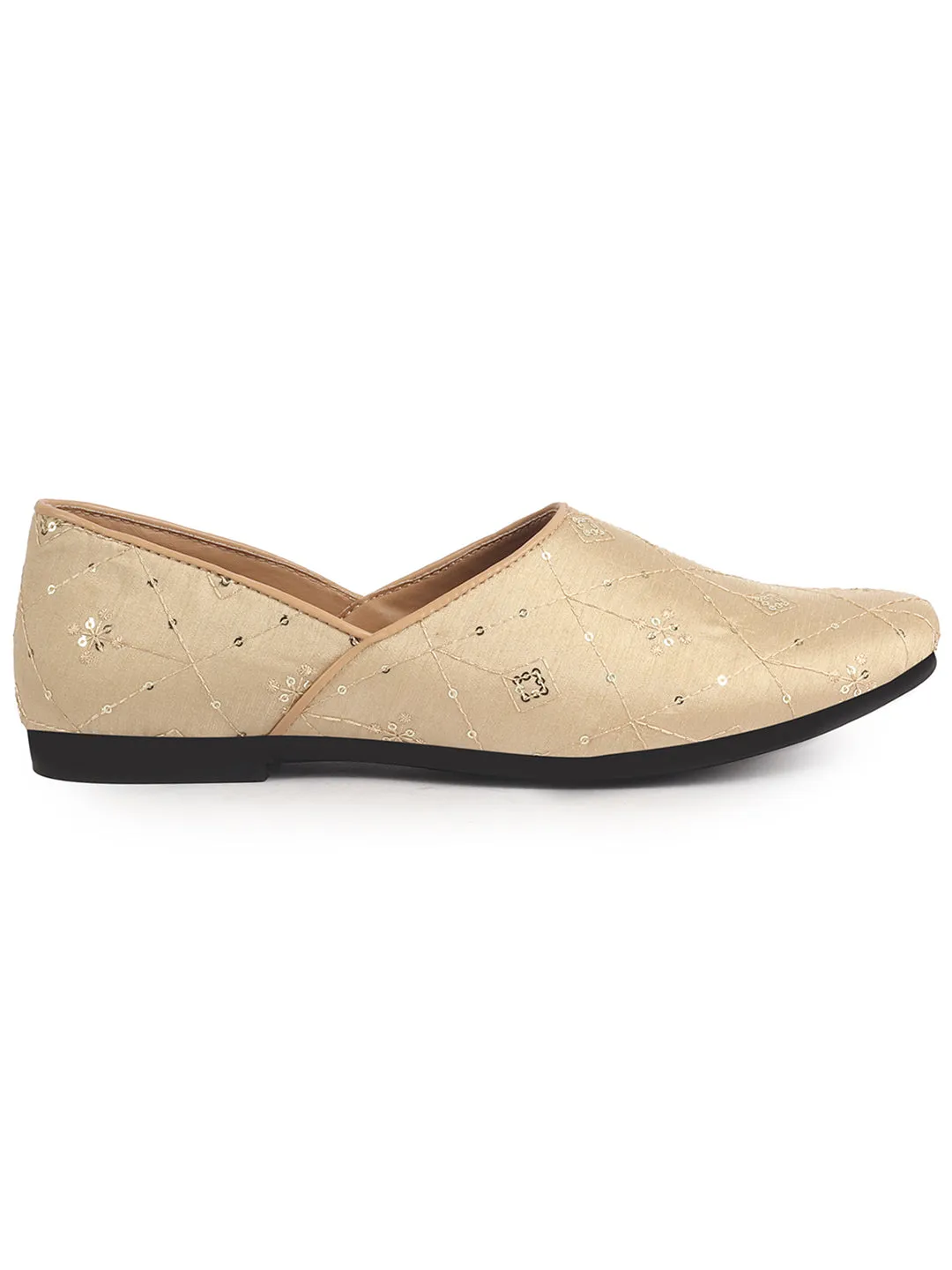 Men Golden Embroidery Sequin Ethnic Slip On Half Cut Juttis and Mojaris for Wedding|Festive Party Slip-On|Traditional Sherwani Shoes