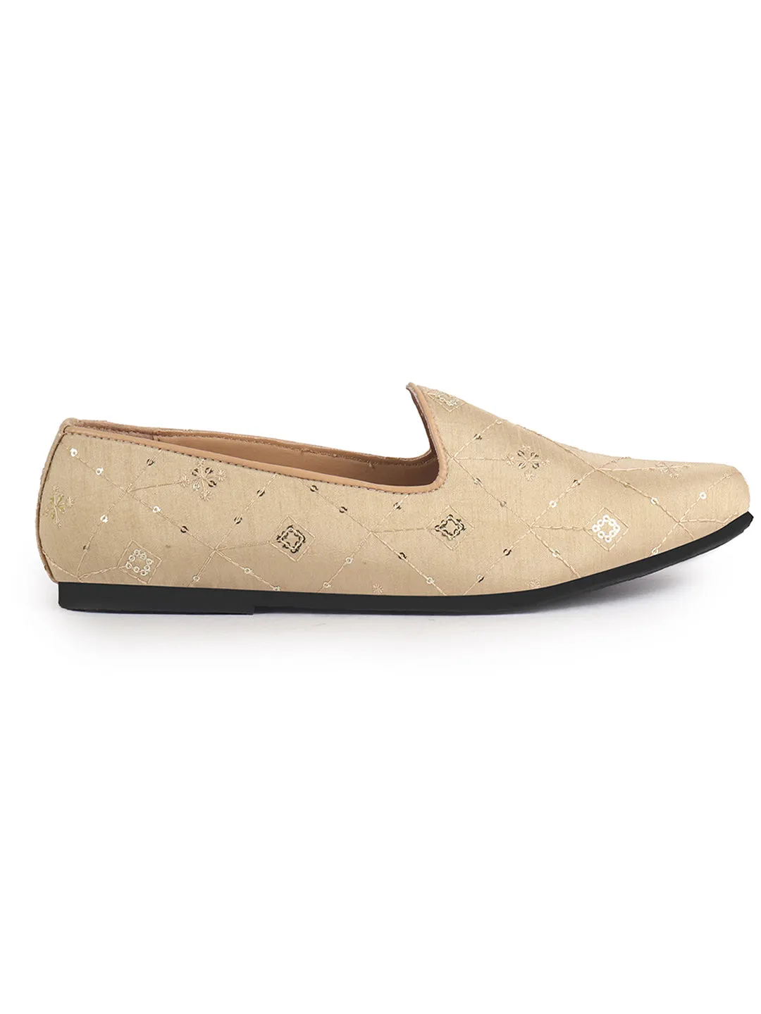 Men Golden Embroidery Sequin Ethnic Slip On Juttis and Mojaris for Wedding|Festive Party Slip-On Kurta Shoe|Traditional Sherwani Shoes