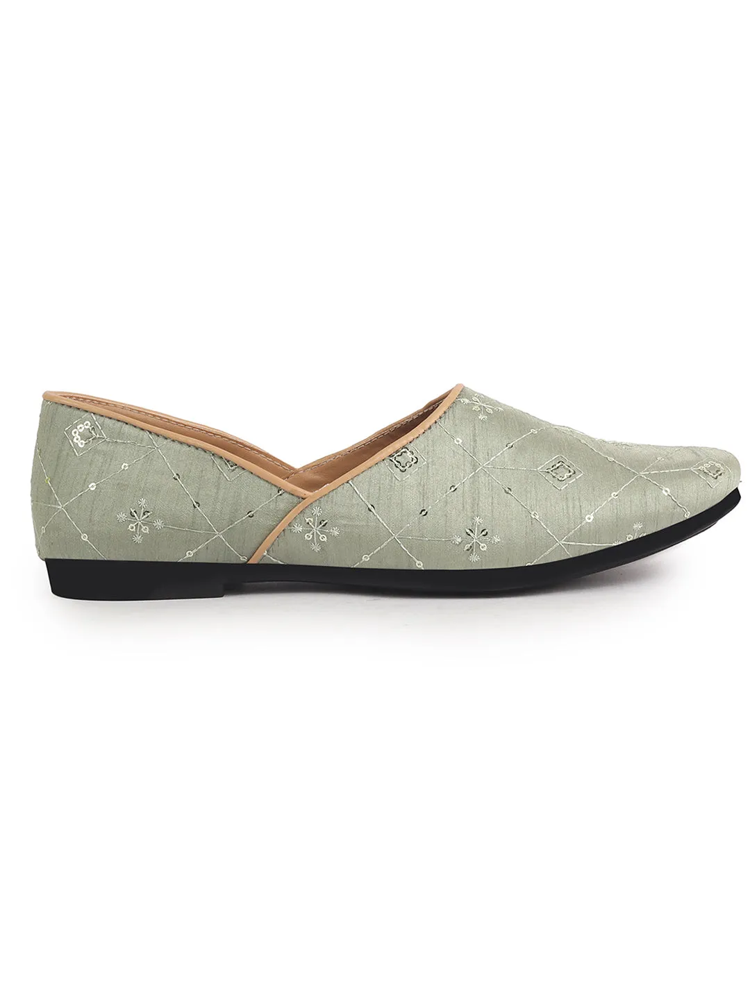 Men Green Embroidery Sequin Ethnic Slip On Half Cut Juttis and Mojaris for Wedding|Festive Party Slip-On|Traditional Sherwani Shoes