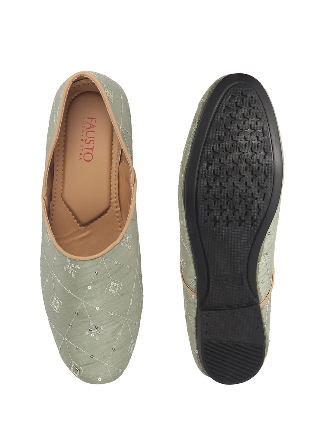 Men Green Embroidery Sequin Ethnic Slip On Half Cut Juttis and Mojaris for Wedding|Festive Party Slip-On|Traditional Sherwani Shoes