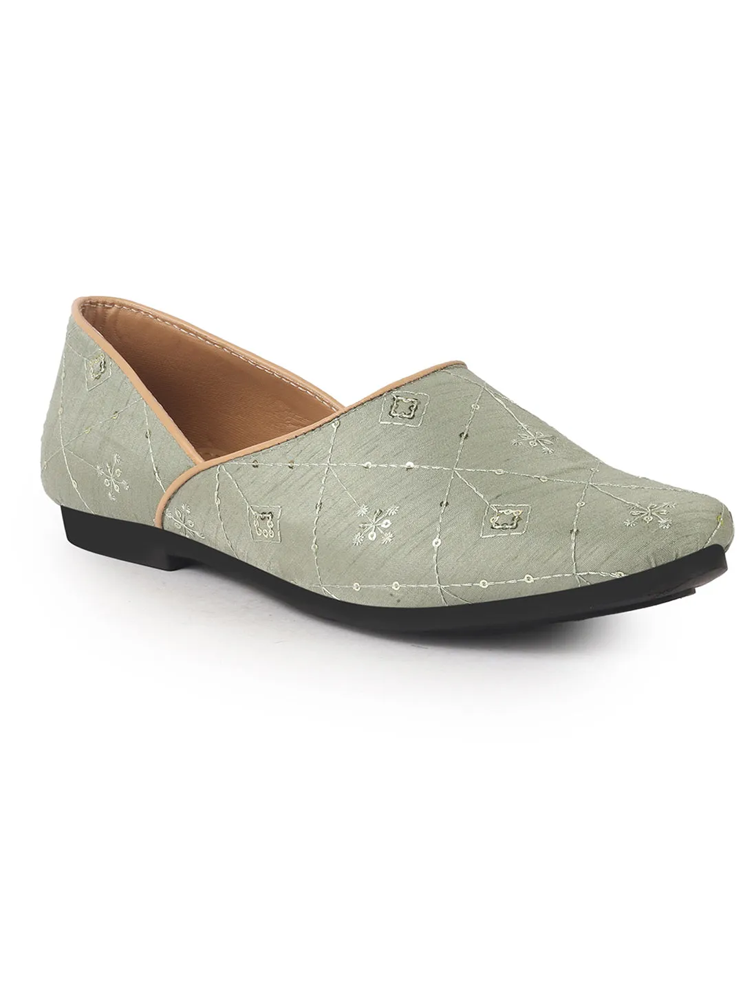 Men Green Embroidery Sequin Ethnic Slip On Half Cut Juttis and Mojaris for Wedding|Festive Party Slip-On|Traditional Sherwani Shoes
