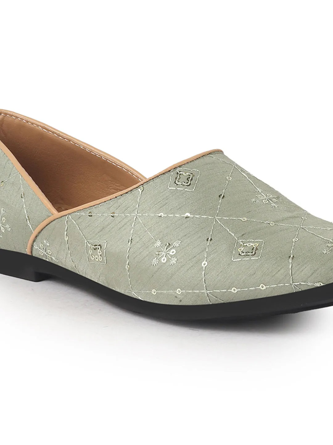 Men Green Embroidery Sequin Ethnic Slip On Half Cut Juttis and Mojaris for Wedding|Festive Party Slip-On|Traditional Sherwani Shoes