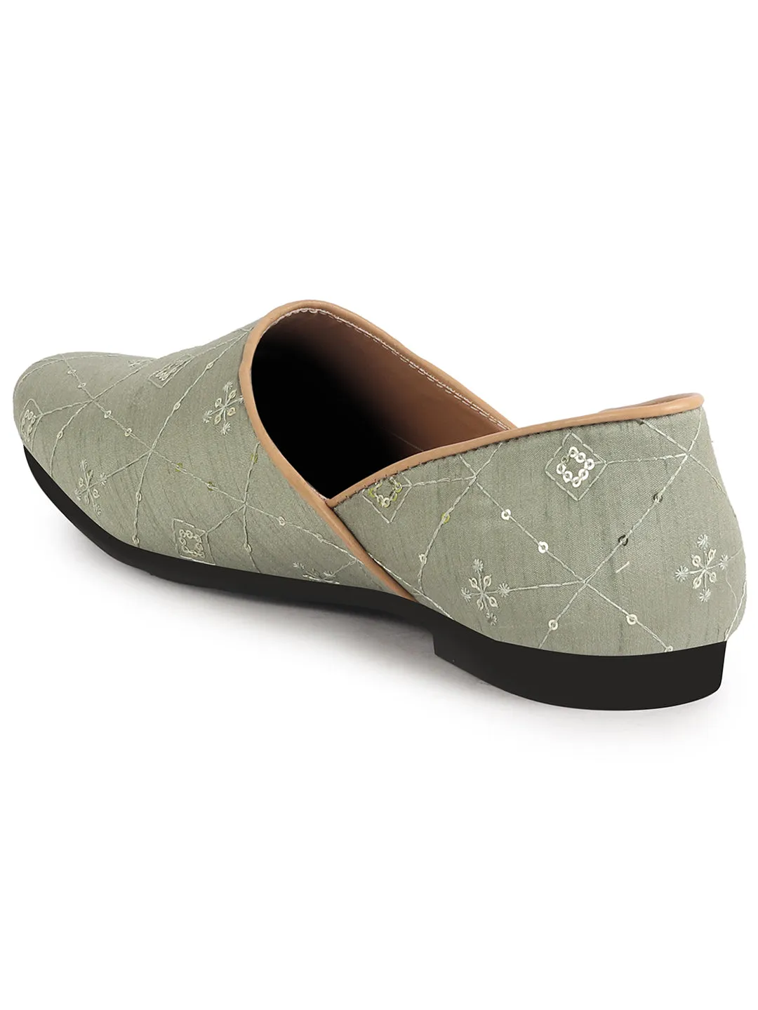 Men Green Embroidery Sequin Ethnic Slip On Half Cut Juttis and Mojaris for Wedding|Festive Party Slip-On|Traditional Sherwani Shoes