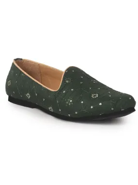 Men Green Embroidery Sequin Ethnic Slip On Juttis and Mojaris for Wedding|Festive Party Slip-On Kurta Shoe|Traditional Sherwani Shoes