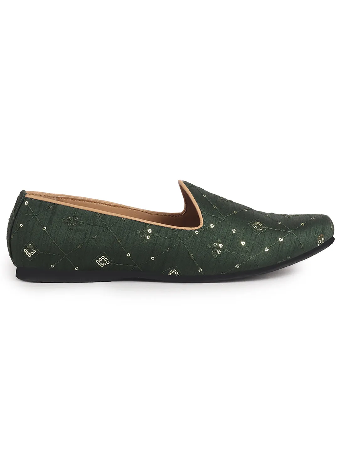 Men Green Embroidery Sequin Ethnic Slip On Juttis and Mojaris for Wedding|Festive Party Slip-On Kurta Shoe|Traditional Sherwani Shoes