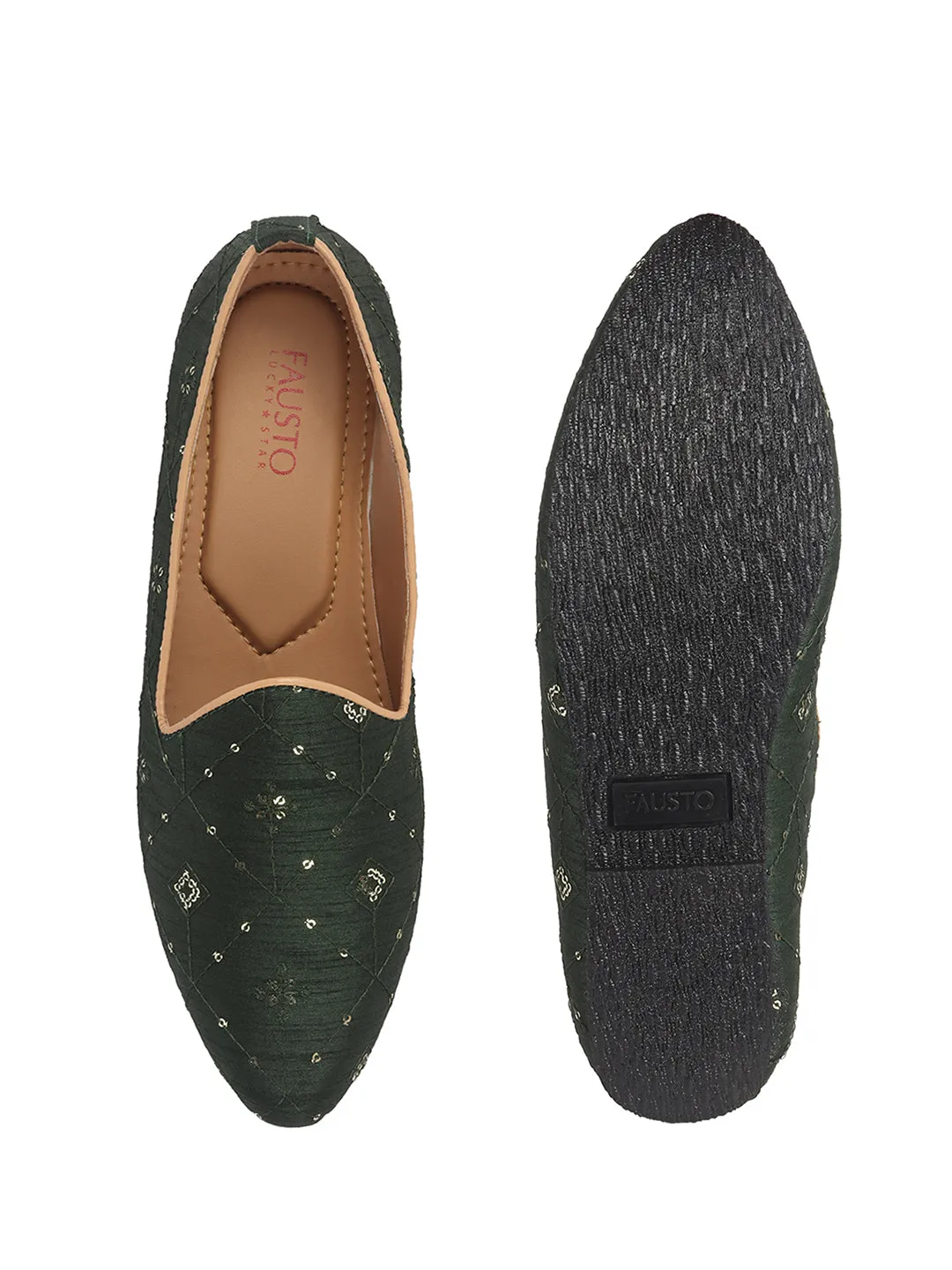 Men Green Embroidery Sequin Ethnic Slip On Juttis and Mojaris for Wedding|Festive Party Slip-On Kurta Shoe|Traditional Sherwani Shoes