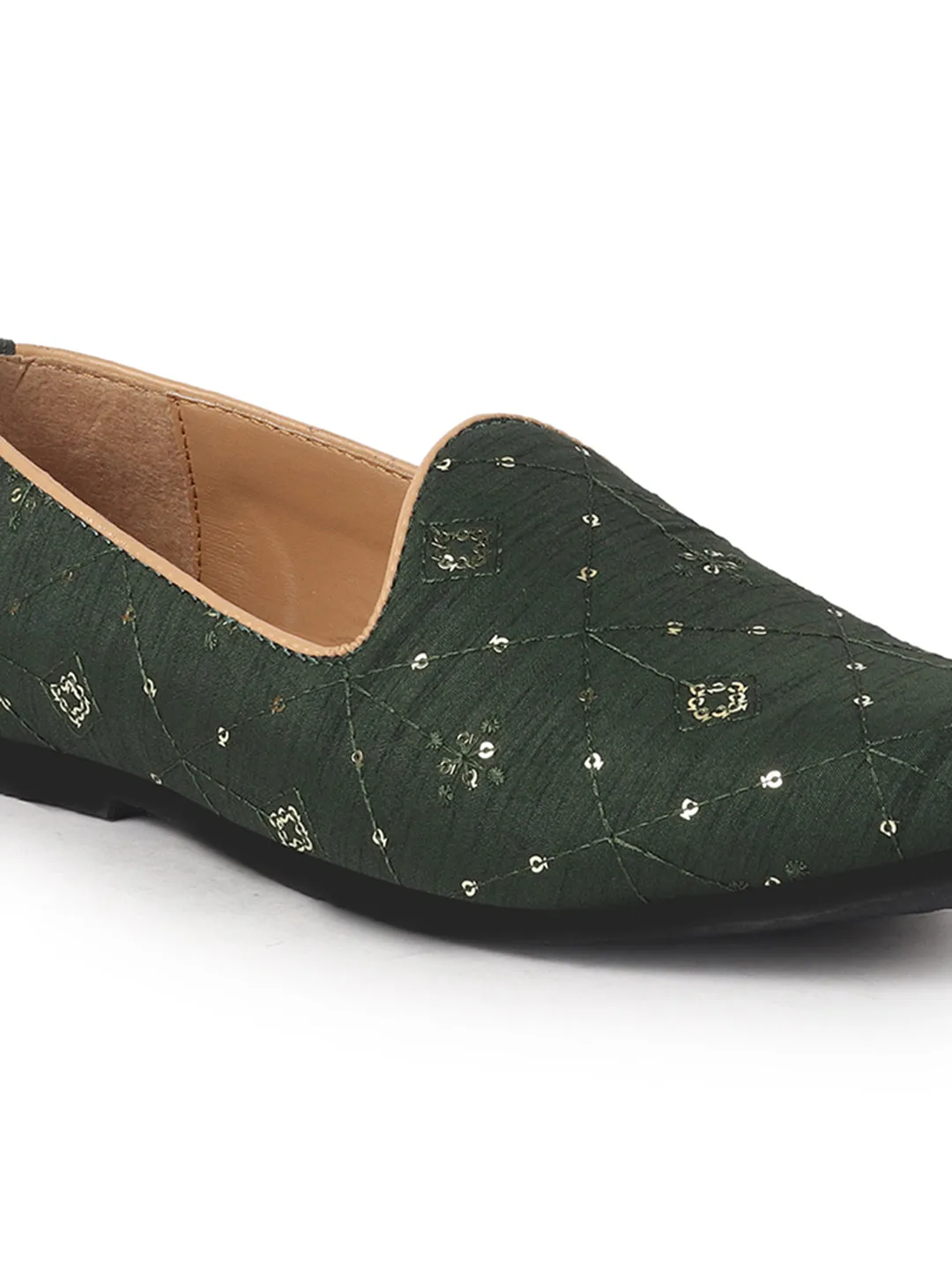 Men Green Embroidery Sequin Ethnic Slip On Juttis and Mojaris for Wedding|Festive Party Slip-On Kurta Shoe|Traditional Sherwani Shoes