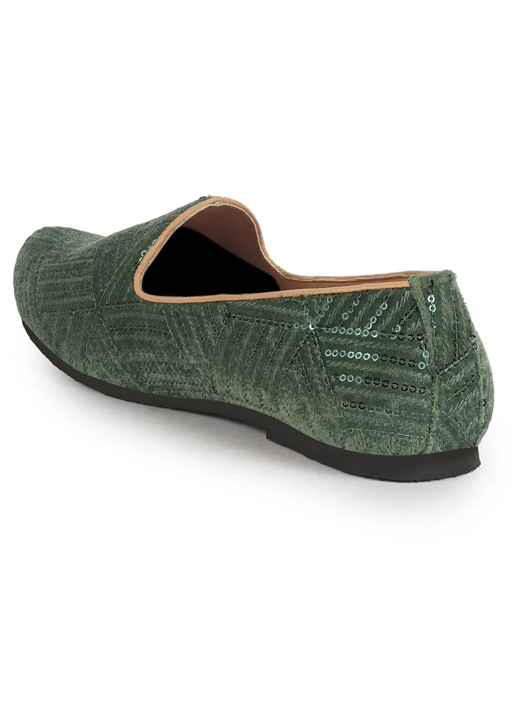 Men Green Embroidery Sequin Ethnic Slip On Juttis and Mojaris for Wedding|Traditional Sherwani Shoes|Slip-On For Nehru Jackets
