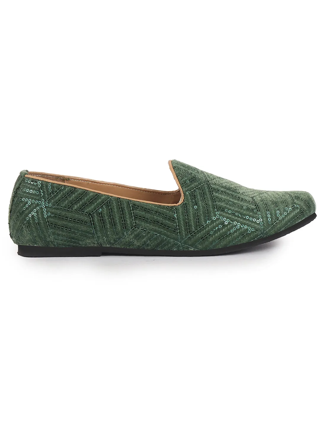 Men Green Embroidery Sequin Ethnic Slip On Juttis and Mojaris for Wedding|Traditional Sherwani Shoes|Slip-On For Nehru Jackets