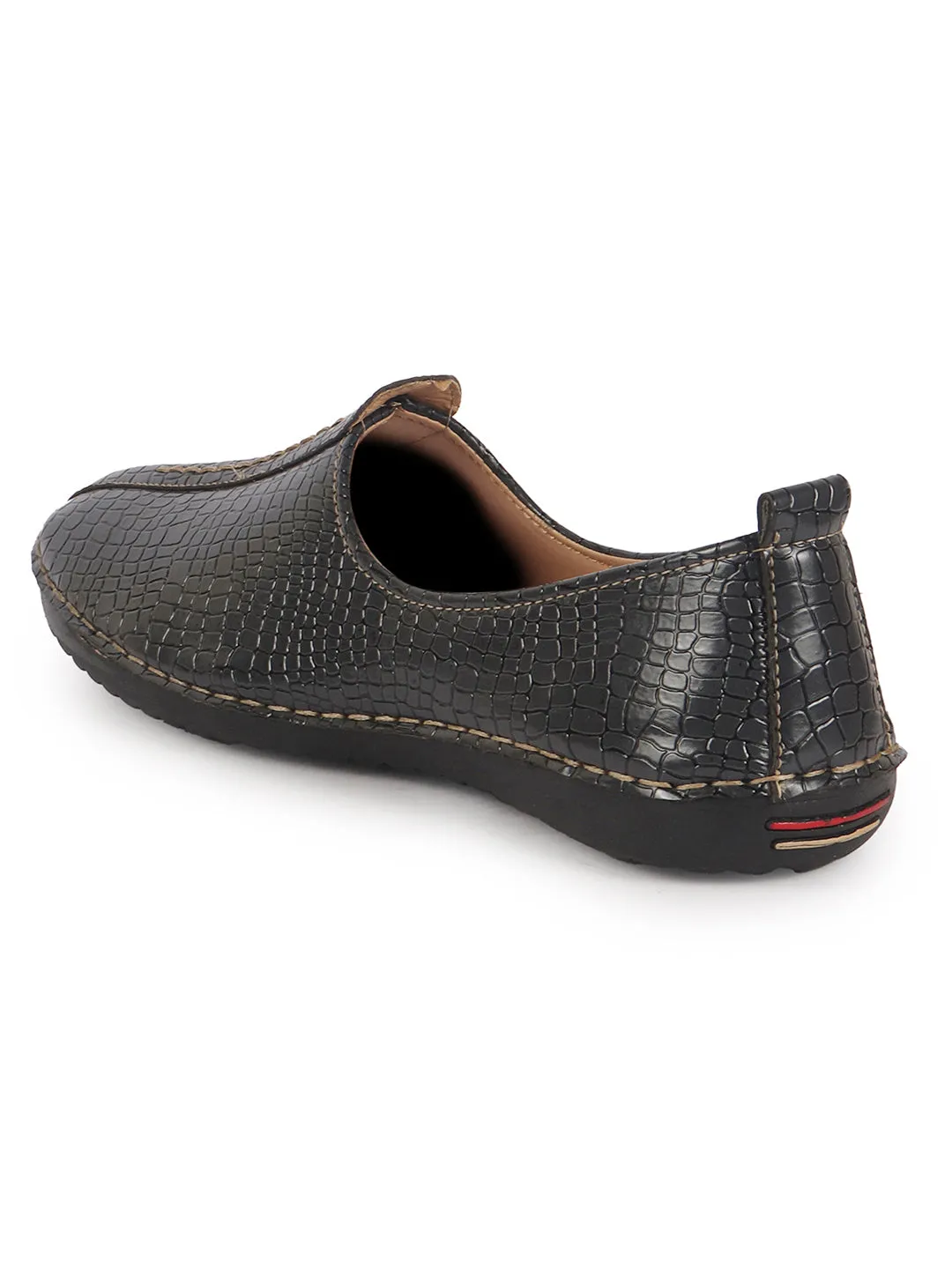 Men Grey Textured Print Ethnic Slip On Juttis and Mojaris for Wedding|Festive Slip-On|Traditional Sherwani Shoes