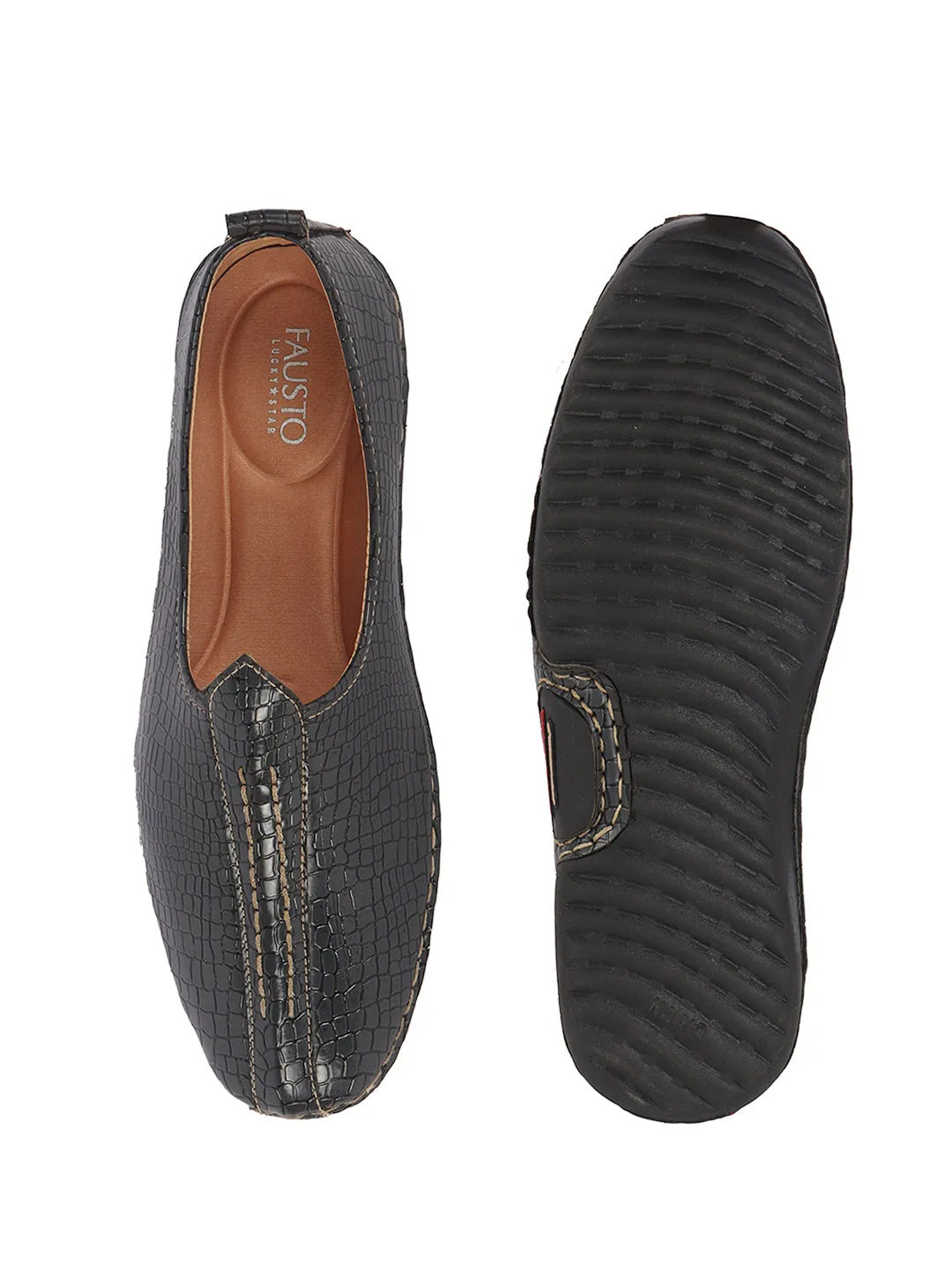 Men Grey Textured Print Ethnic Slip On Juttis and Mojaris for Wedding|Festive Slip-On|Traditional Sherwani Shoes
