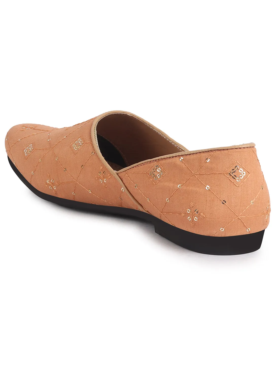 Men Orange Embroidery Sequin Ethnic Slip On Half Cut Juttis and Mojaris for Wedding|Festive Party Slip-On|Traditional Sherwani Shoes