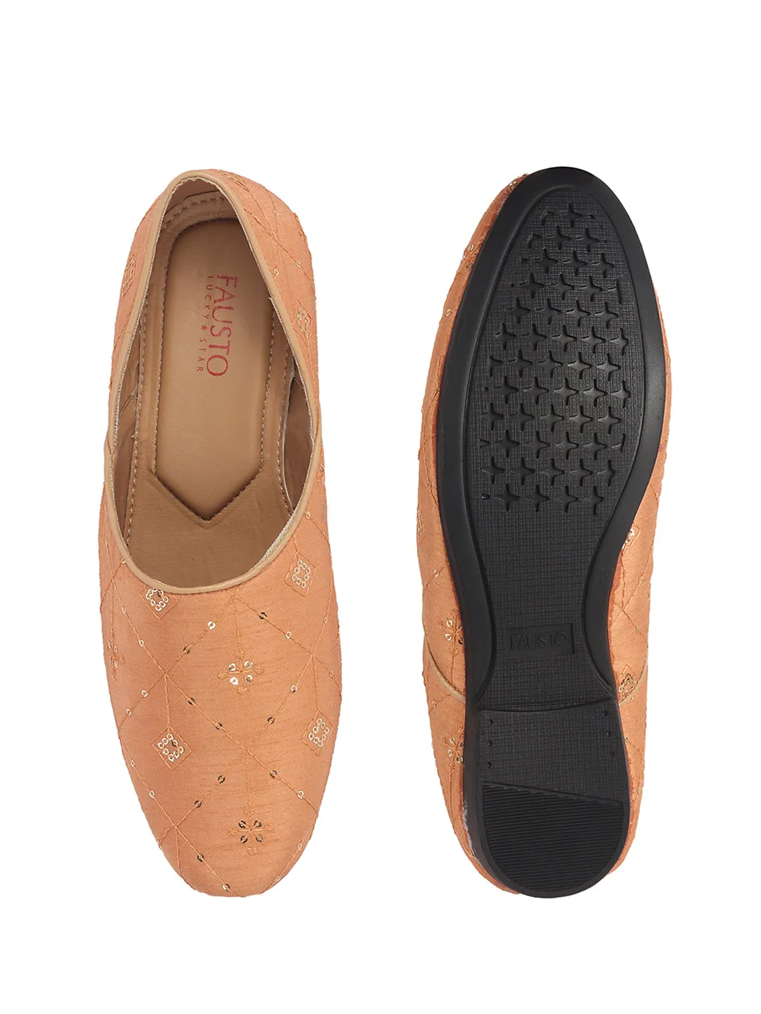 Men Orange Embroidery Sequin Ethnic Slip On Half Cut Juttis and Mojaris for Wedding|Festive Party Slip-On|Traditional Sherwani Shoes