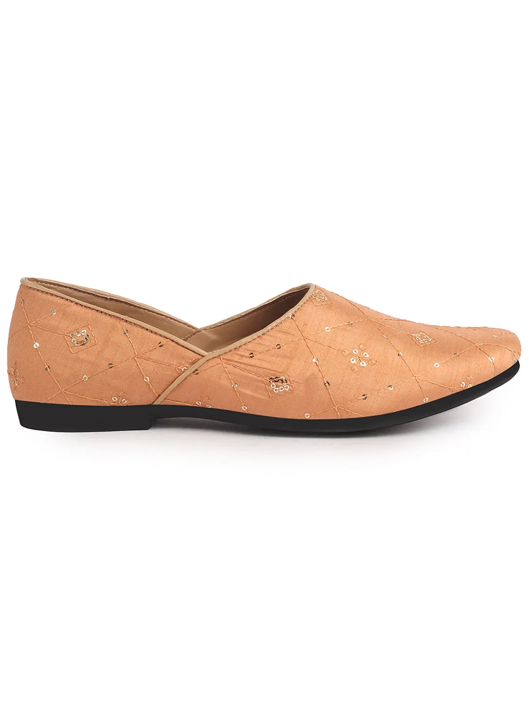 Men Orange Embroidery Sequin Ethnic Slip On Half Cut Juttis and Mojaris for Wedding|Festive Party Slip-On|Traditional Sherwani Shoes