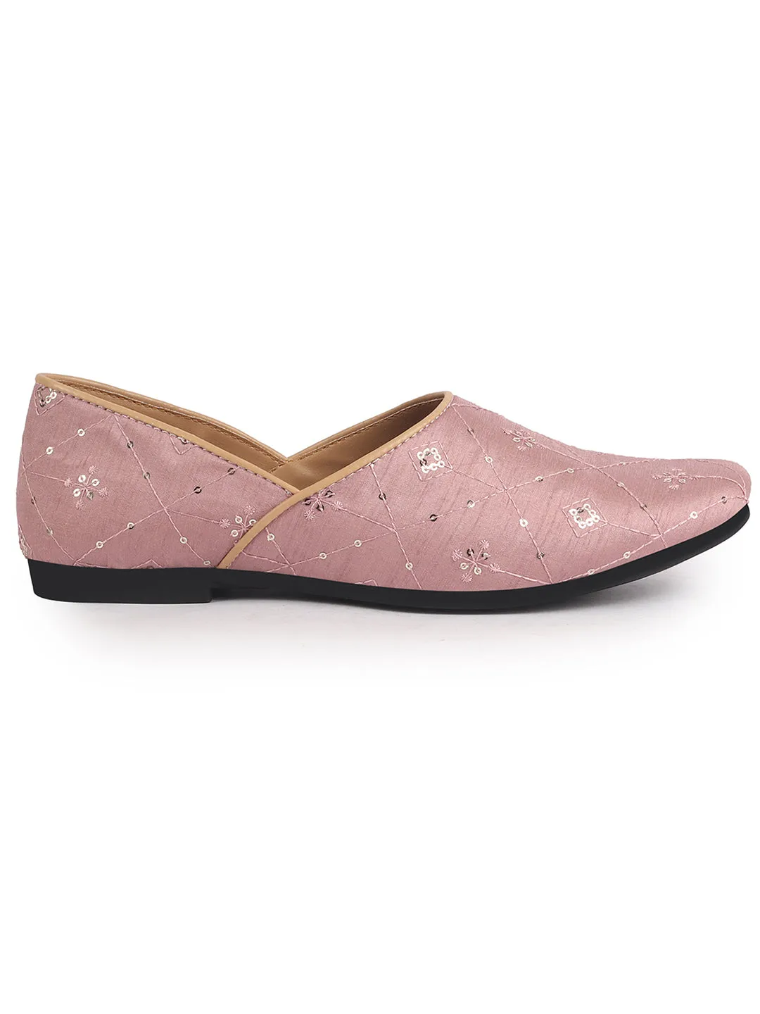 Men Pink Embroidery Sequin Ethnic Slip On Half Cut Juttis and Mojaris for Wedding|Festive Party Slip-On|Traditional Sherwani Shoes