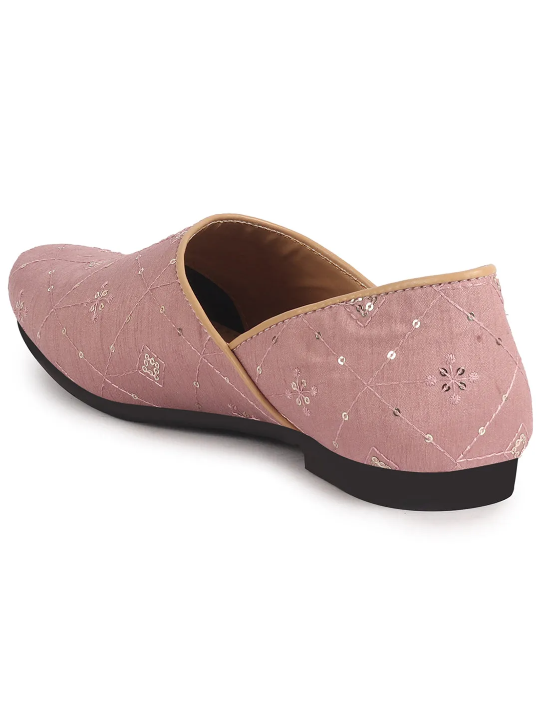 Men Pink Embroidery Sequin Ethnic Slip On Half Cut Juttis and Mojaris for Wedding|Festive Party Slip-On|Traditional Sherwani Shoes