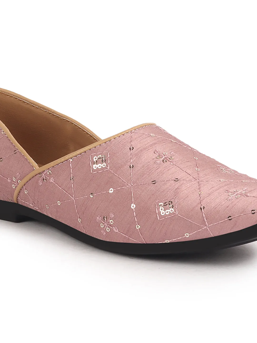 Men Pink Embroidery Sequin Ethnic Slip On Half Cut Juttis and Mojaris for Wedding|Festive Party Slip-On|Traditional Sherwani Shoes
