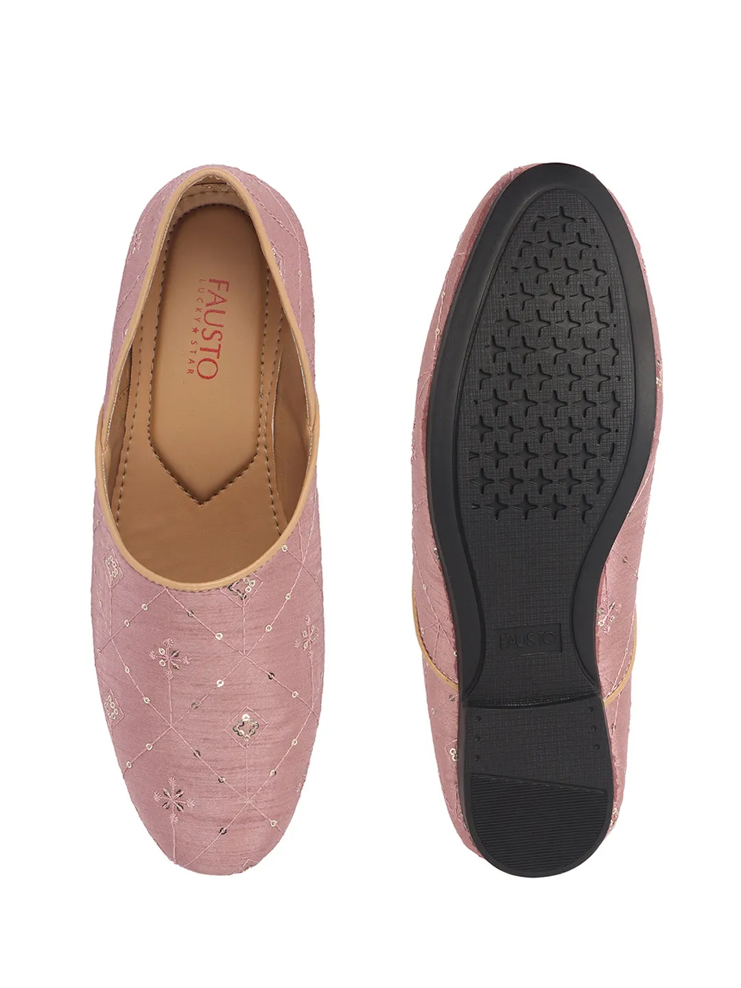 Men Pink Embroidery Sequin Ethnic Slip On Half Cut Juttis and Mojaris for Wedding|Festive Party Slip-On|Traditional Sherwani Shoes
