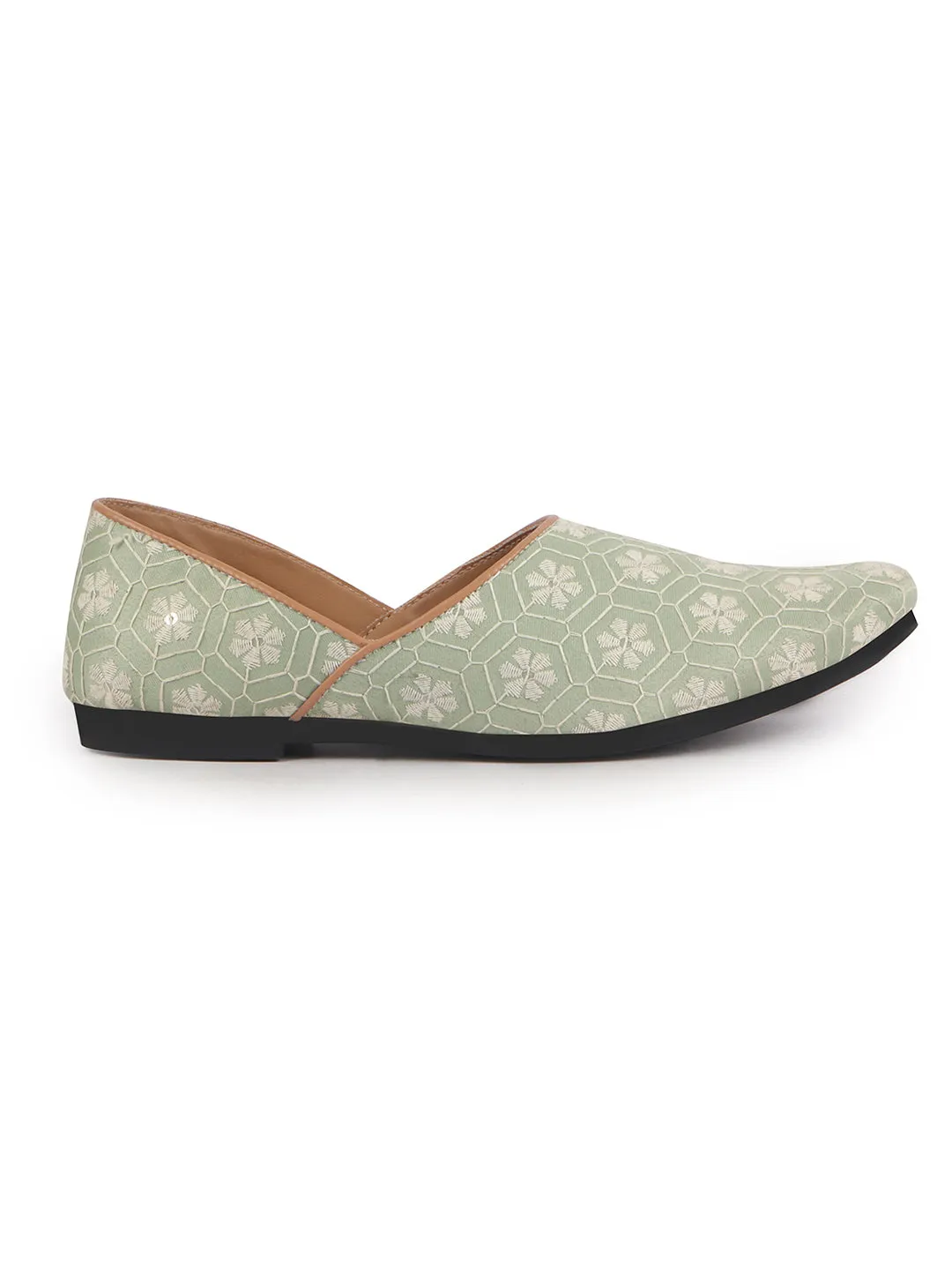 Men Pista Green Floral Embroidery Ethnic Half Cut Slip On Juttis and Mojaris for Wedding|Sherwani Slip-On|Traditional Kurtas Shoes
