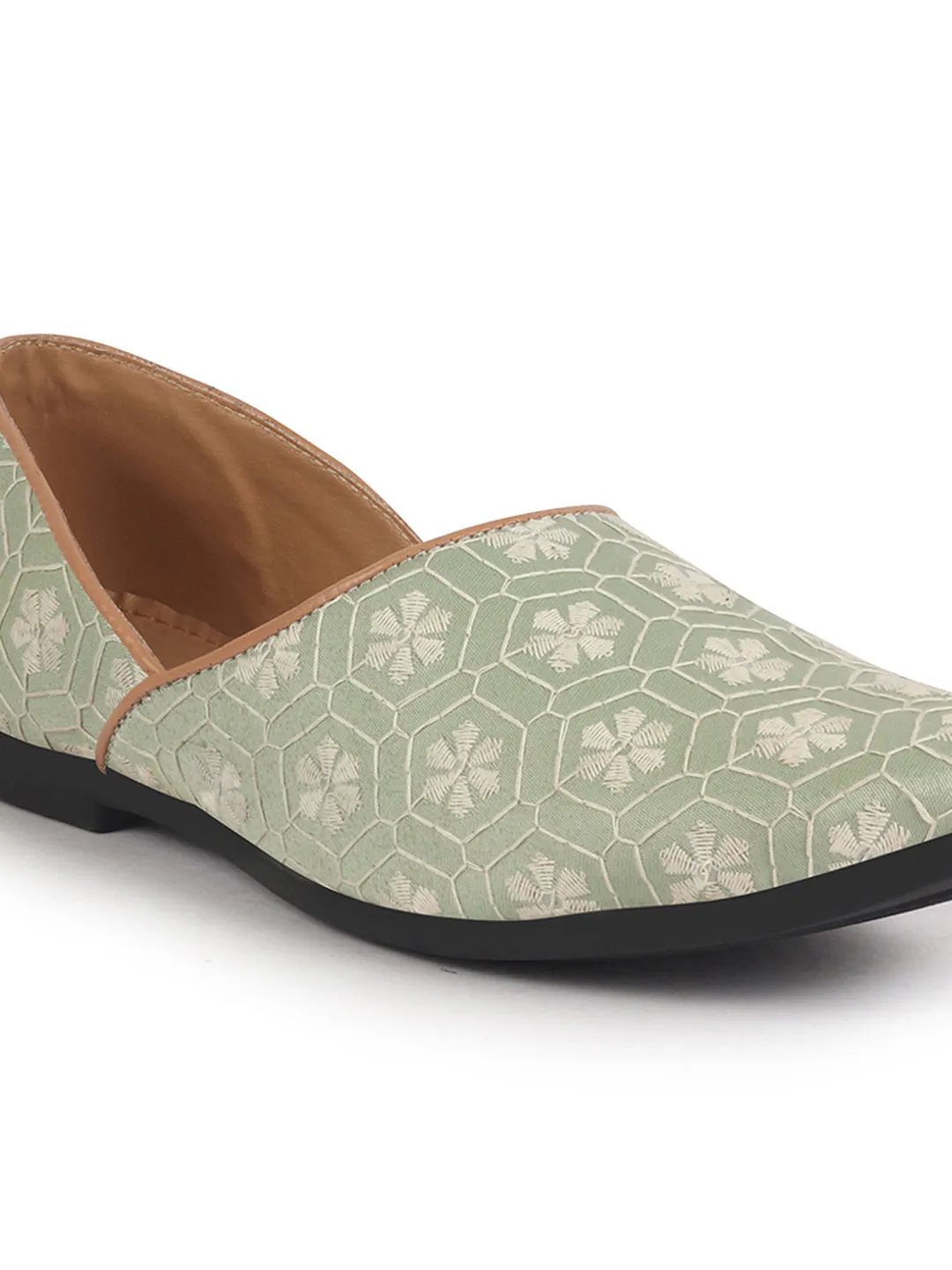 Men Pista Green Floral Embroidery Ethnic Half Cut Slip On Juttis and Mojaris for Wedding|Sherwani Slip-On|Traditional Kurtas Shoes