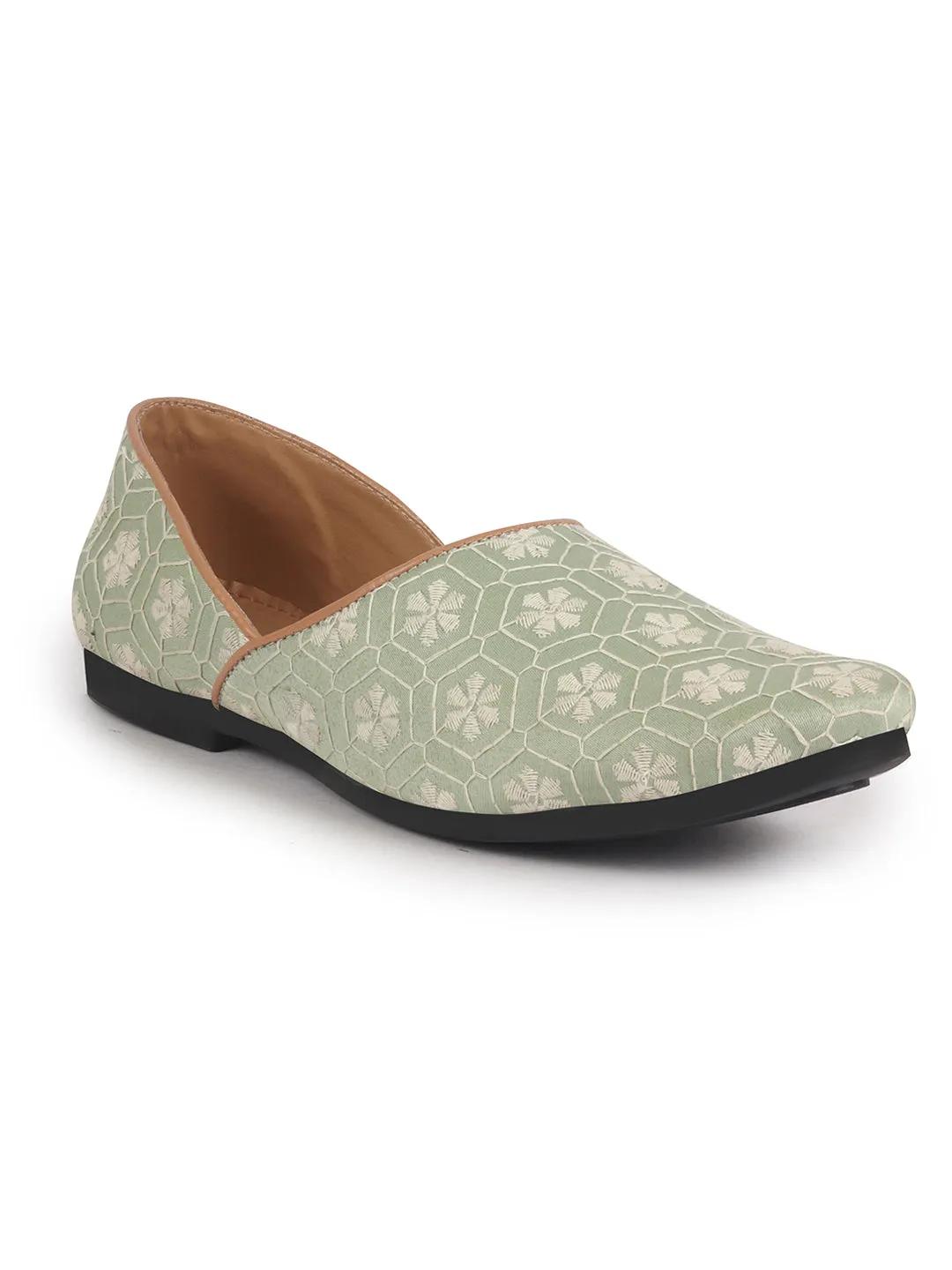 Men Pista Green Floral Embroidery Ethnic Half Cut Slip On Juttis and Mojaris for Wedding|Sherwani Slip-On|Traditional Kurtas Shoes