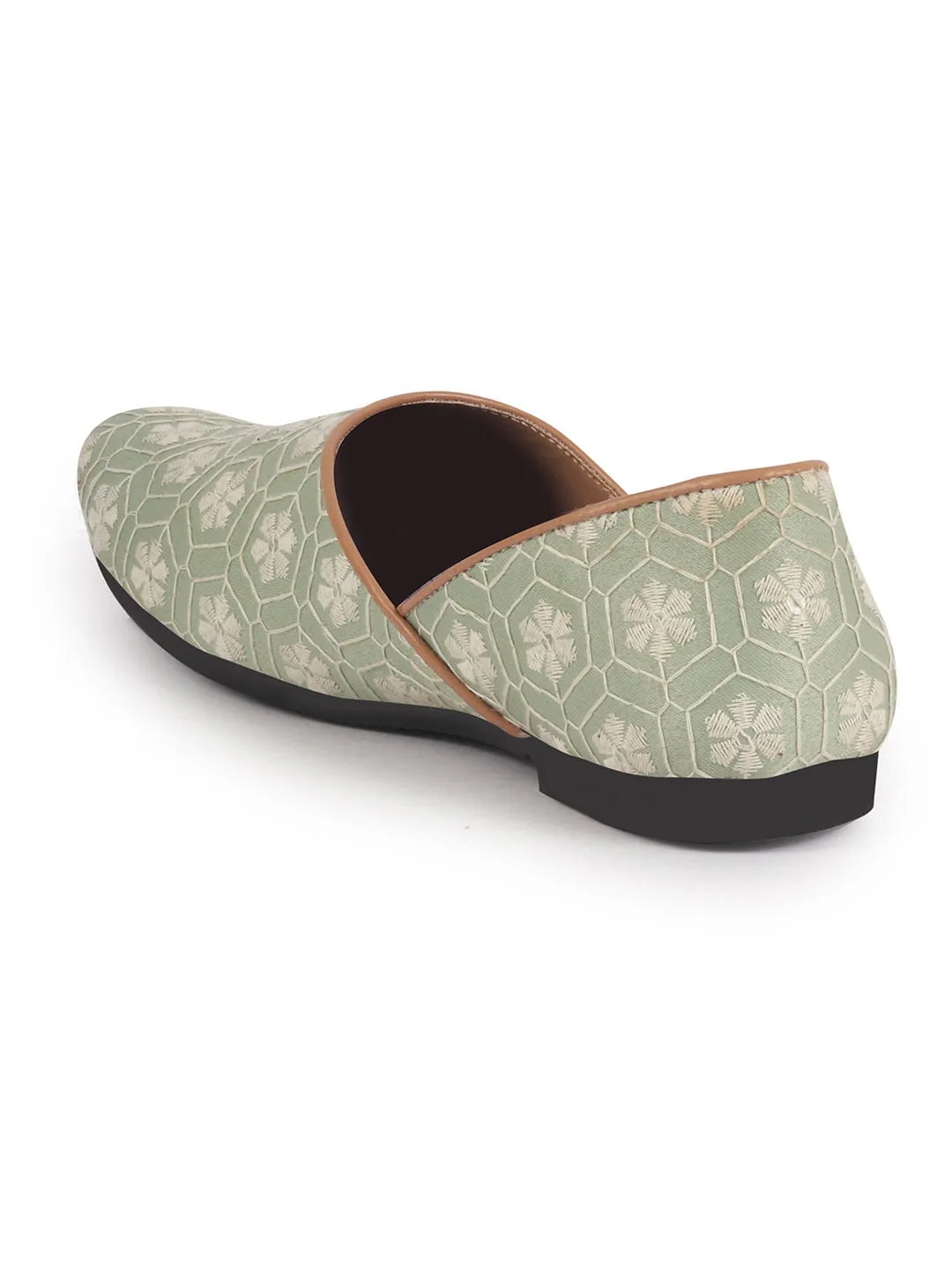 Men Pista Green Floral Embroidery Ethnic Half Cut Slip On Juttis and Mojaris for Wedding|Sherwani Slip-On|Traditional Kurtas Shoes