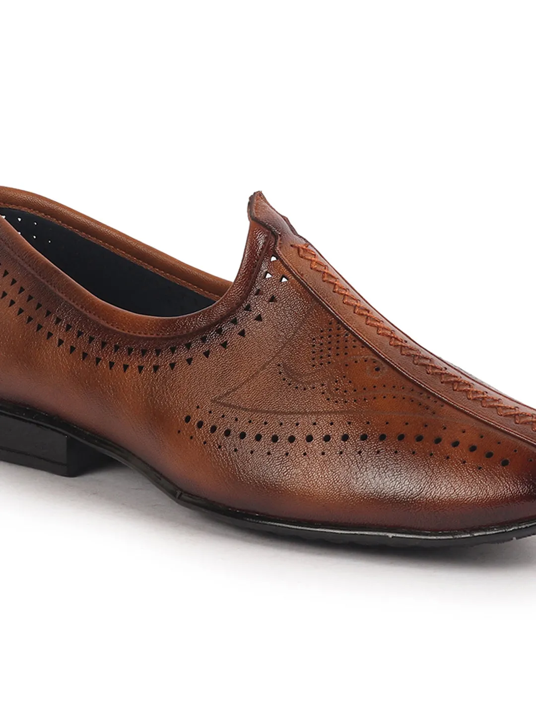 Men Tan Breathable Slip On Ethnic Juttis and Mojaris for Wedding|Party Slip On Evening Shoes|Traditional Striped Mojaris