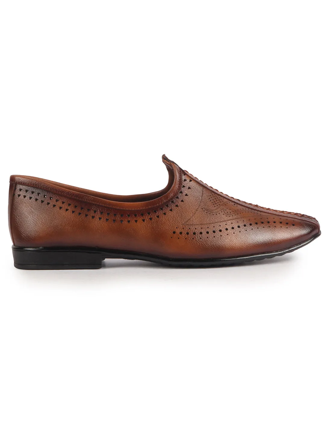 Men Tan Breathable Slip On Ethnic Juttis and Mojaris for Wedding|Party Slip On Evening Shoes|Traditional Striped Mojaris