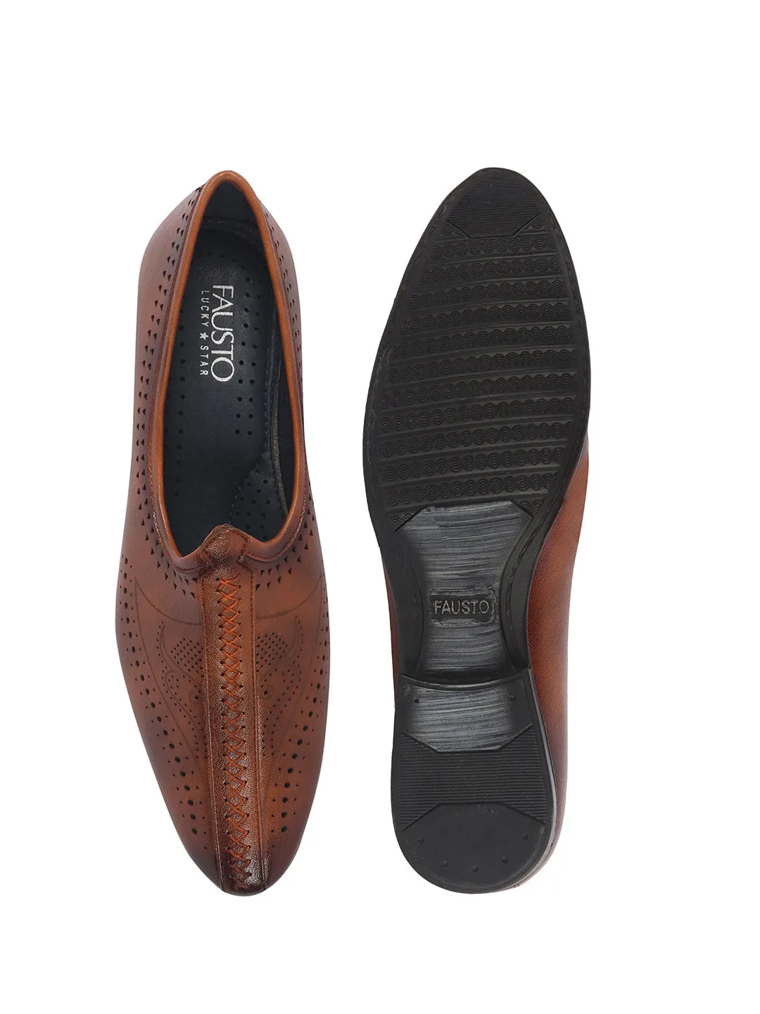 Men Tan Breathable Slip On Ethnic Juttis and Mojaris for Wedding|Party Slip On Evening Shoes|Traditional Striped Mojaris