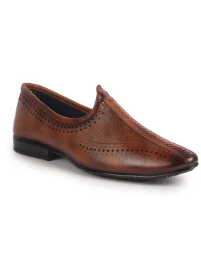 Men Tan Breathable Slip On Ethnic Juttis and Mojaris for Wedding|Party Slip On Evening Shoes|Traditional Striped Mojaris