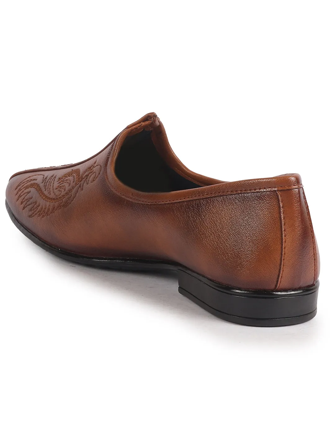 Men Tan Embroidery Traditional Wedding Slip On Ethnic Juttis and Mojaris|Party Slip On Evening Shoes|Striped Mojaris