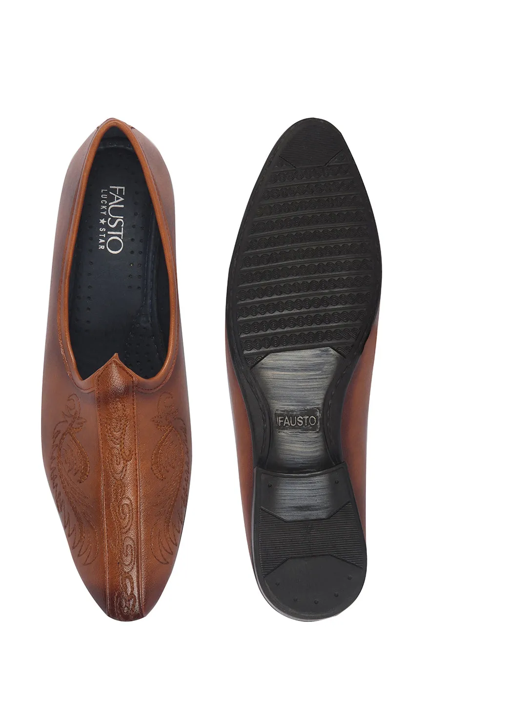 Men Tan Embroidery Traditional Wedding Slip On Ethnic Juttis and Mojaris|Party Slip On Evening Shoes|Striped Mojaris