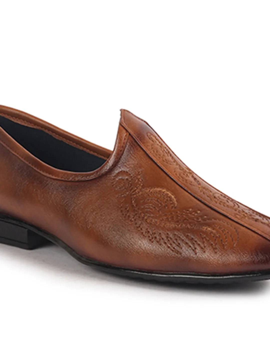 Men Tan Embroidery Traditional Wedding Slip On Ethnic Juttis and Mojaris|Party Slip On Evening Shoes|Striped Mojaris