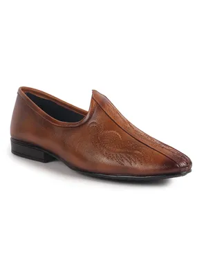Men Tan Embroidery Traditional Wedding Slip On Ethnic Juttis and Mojaris|Party Slip On Evening Shoes|Striped Mojaris